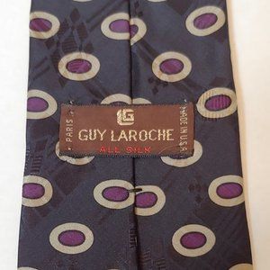 Guy Laroche Black with Gray and Maroon Patterned 100% Silk Necktie